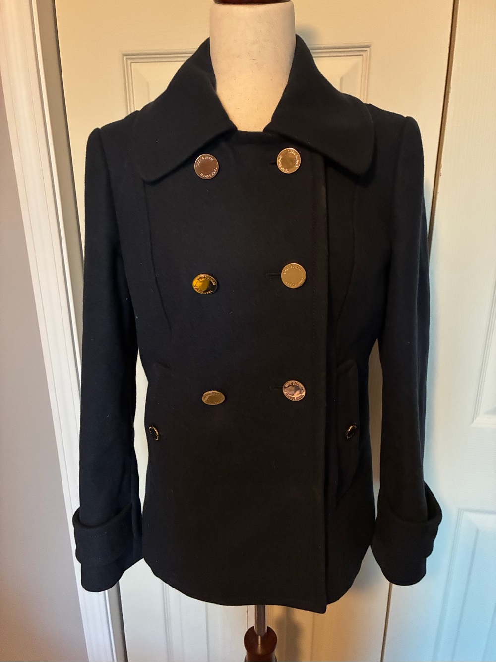 Tory Burch Navy Double-Breasted Peacoat with Gold Buttons